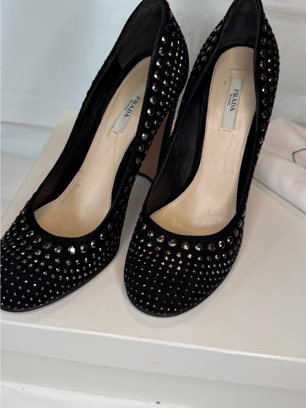 Prada Black Crystal-Studded Suede Pumps - Picture 4 of 8